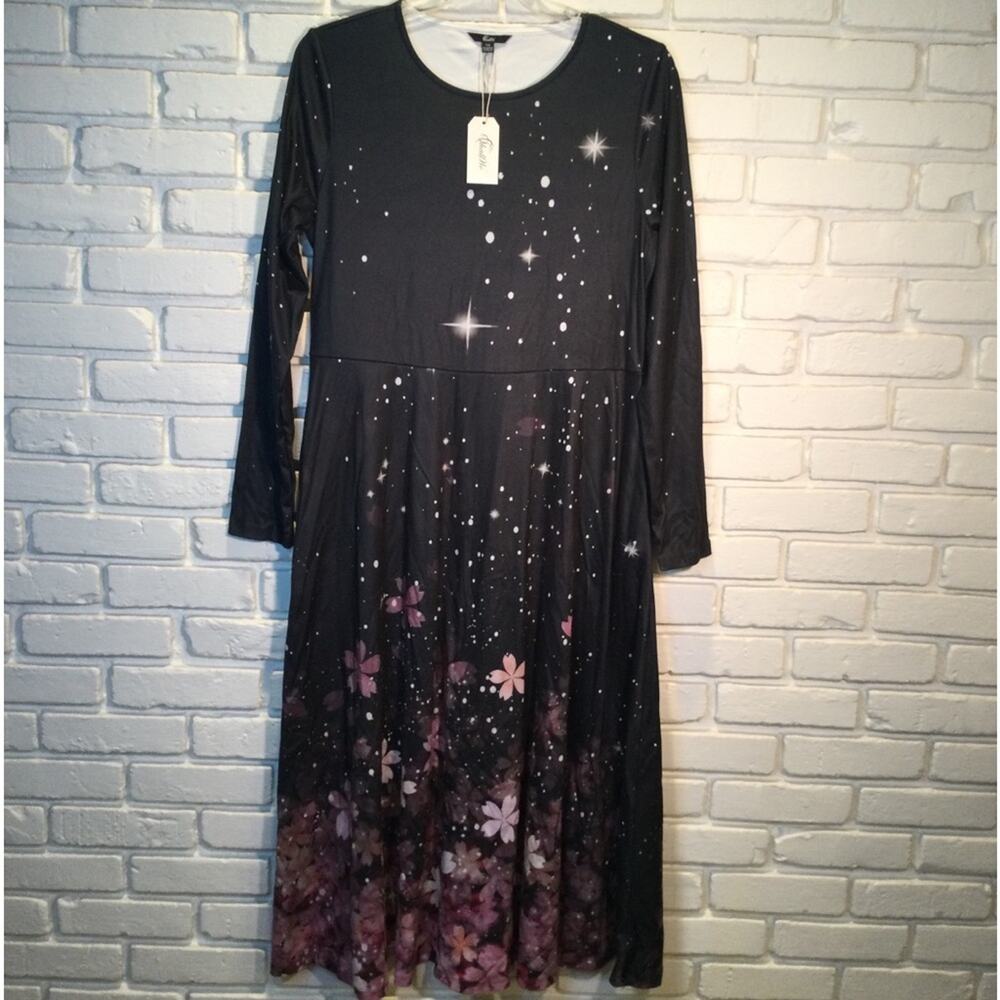 Celestial Black Floral Long Sleeve Maxi Dress XXL